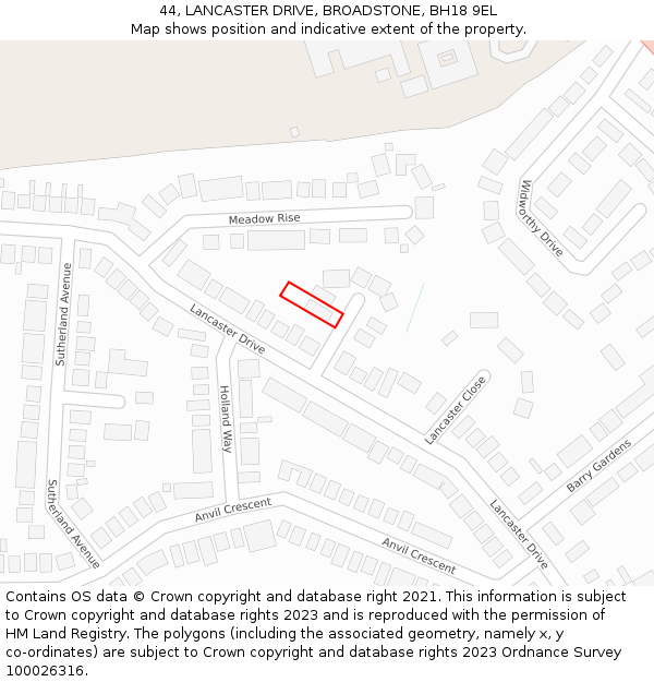 44, LANCASTER DRIVE, BROADSTONE, BH18 9EL: Location map and indicative extent of plot