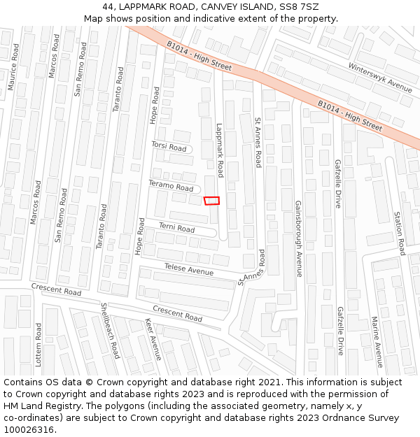 44, LAPPMARK ROAD, CANVEY ISLAND, SS8 7SZ: Location map and indicative extent of plot