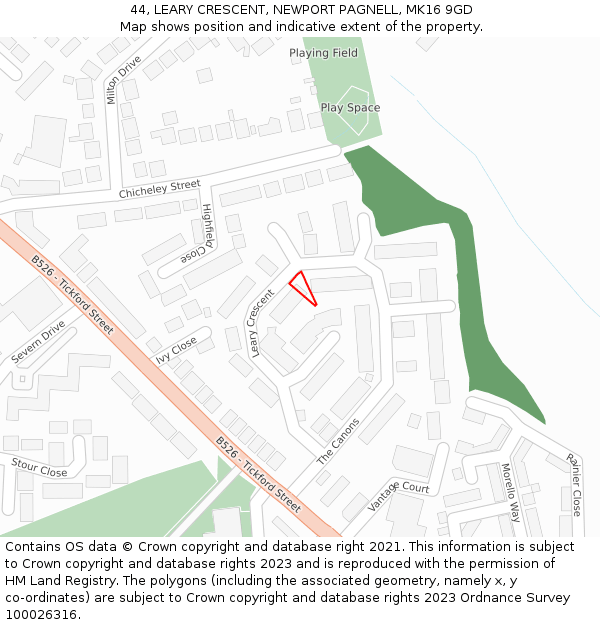 44, LEARY CRESCENT, NEWPORT PAGNELL, MK16 9GD: Location map and indicative extent of plot