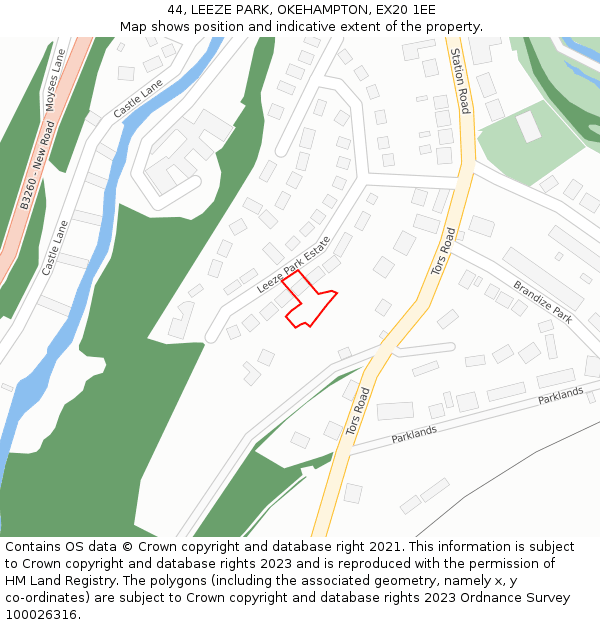 44, LEEZE PARK, OKEHAMPTON, EX20 1EE: Location map and indicative extent of plot