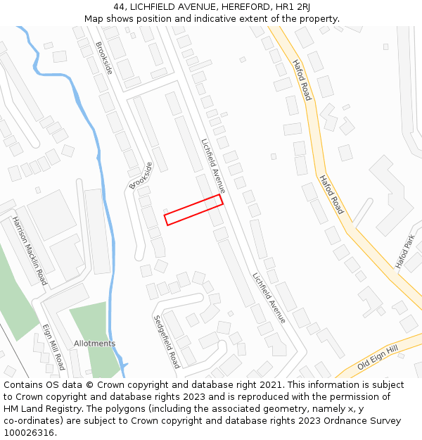 44, LICHFIELD AVENUE, HEREFORD, HR1 2RJ: Location map and indicative extent of plot
