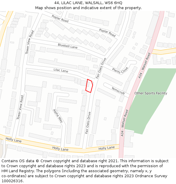 44, LILAC LANE, WALSALL, WS6 6HQ: Location map and indicative extent of plot