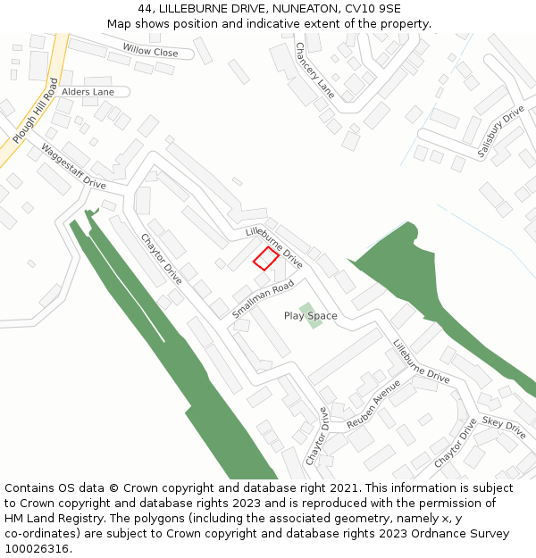 44, LILLEBURNE DRIVE, NUNEATON, CV10 9SE: Location map and indicative extent of plot