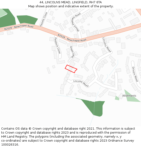 44, LINCOLNS MEAD, LINGFIELD, RH7 6TA: Location map and indicative extent of plot