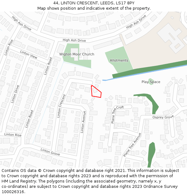 44, LINTON CRESCENT, LEEDS, LS17 8PY: Location map and indicative extent of plot
