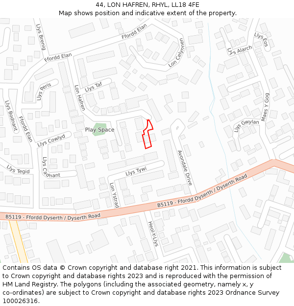 44, LON HAFREN, RHYL, LL18 4FE: Location map and indicative extent of plot