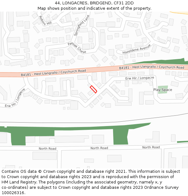 44, LONGACRES, BRIDGEND, CF31 2DD: Location map and indicative extent of plot