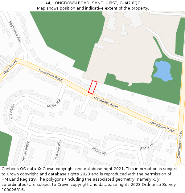 44, LONGDOWN ROAD, SANDHURST, GU47 8QG: Location map and indicative extent of plot