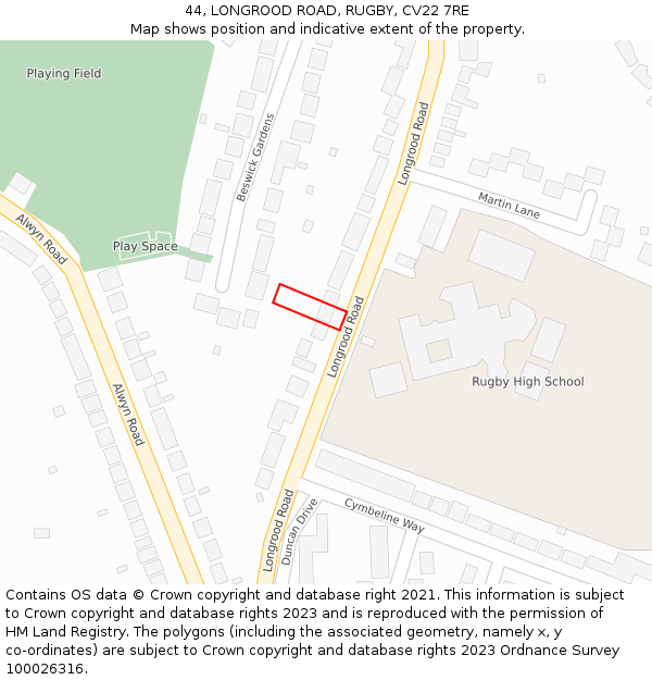 44, LONGROOD ROAD, RUGBY, CV22 7RE: Location map and indicative extent of plot