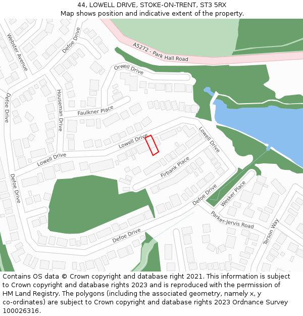 44, LOWELL DRIVE, STOKE-ON-TRENT, ST3 5RX: Location map and indicative extent of plot