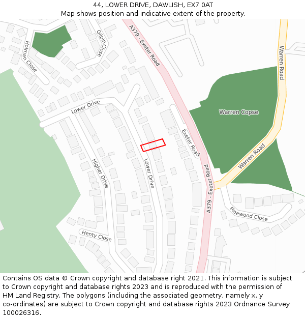44, LOWER DRIVE, DAWLISH, EX7 0AT: Location map and indicative extent of plot