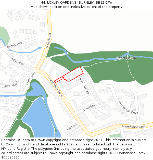 44, LOXLEY GARDENS, BURNLEY, BB12 6PW: Location map and indicative extent of plot