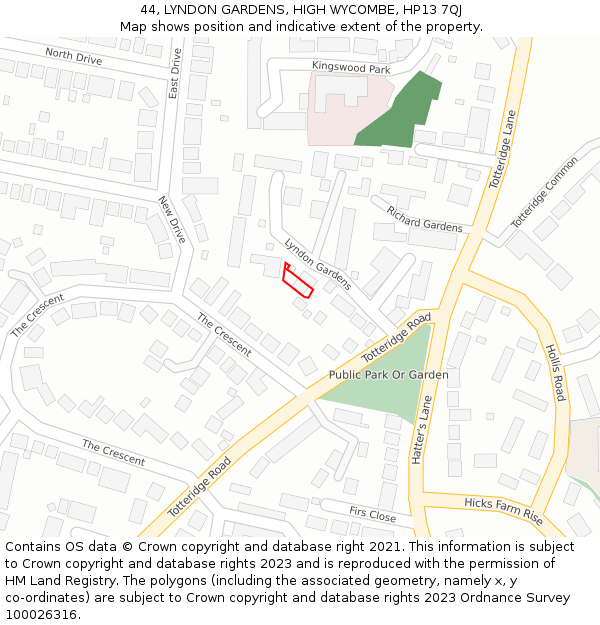 44, LYNDON GARDENS, HIGH WYCOMBE, HP13 7QJ: Location map and indicative extent of plot