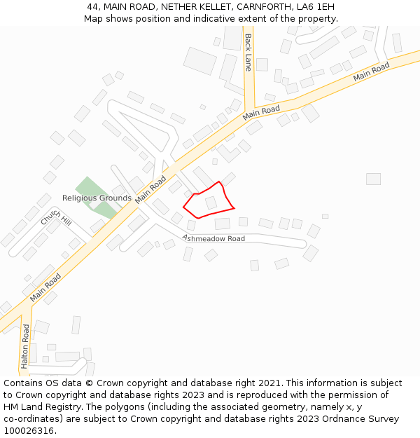 44, MAIN ROAD, NETHER KELLET, CARNFORTH, LA6 1EH: Location map and indicative extent of plot