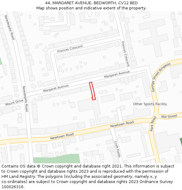 44, MARGARET AVENUE, BEDWORTH, CV12 8ED: Location map and indicative extent of plot