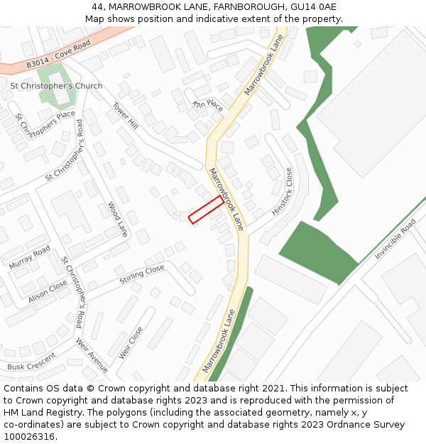 44, MARROWBROOK LANE, FARNBOROUGH, GU14 0AE: Location map and indicative extent of plot