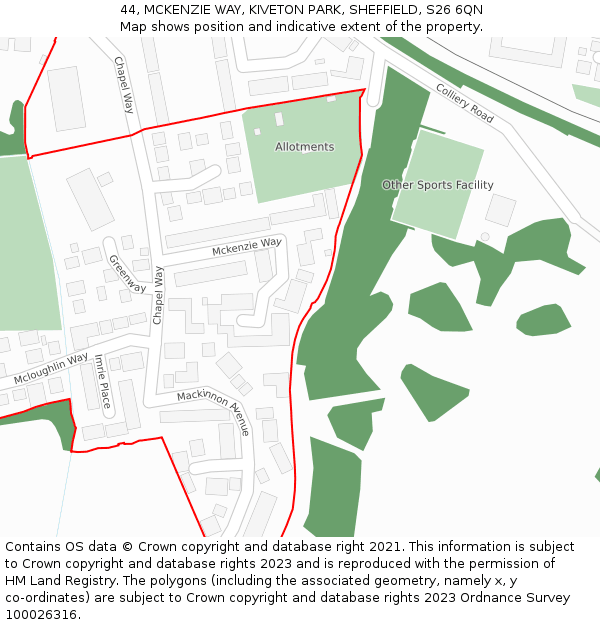 44, MCKENZIE WAY, KIVETON PARK, SHEFFIELD, S26 6QN: Location map and indicative extent of plot