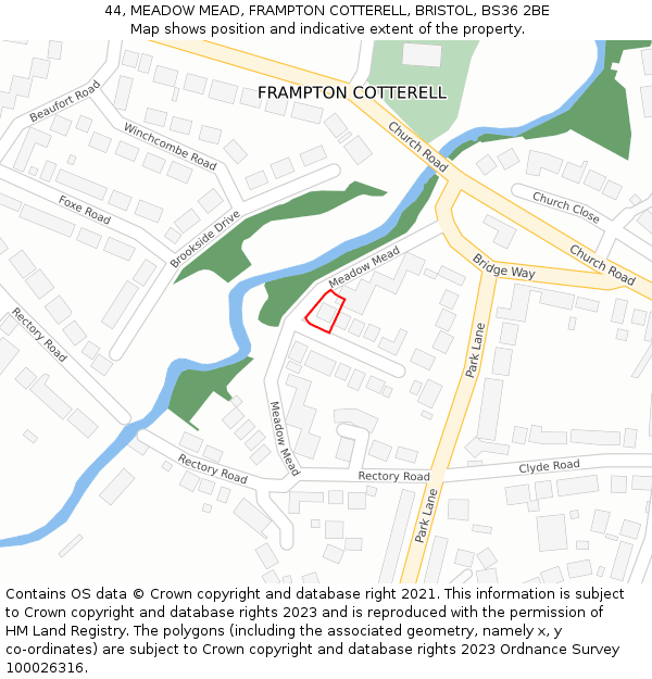 44, MEADOW MEAD, FRAMPTON COTTERELL, BRISTOL, BS36 2BE: Location map and indicative extent of plot