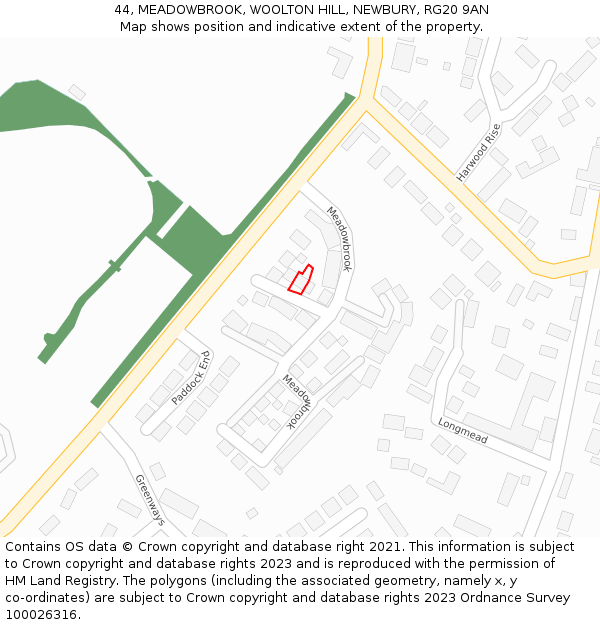 44, MEADOWBROOK, WOOLTON HILL, NEWBURY, RG20 9AN: Location map and indicative extent of plot