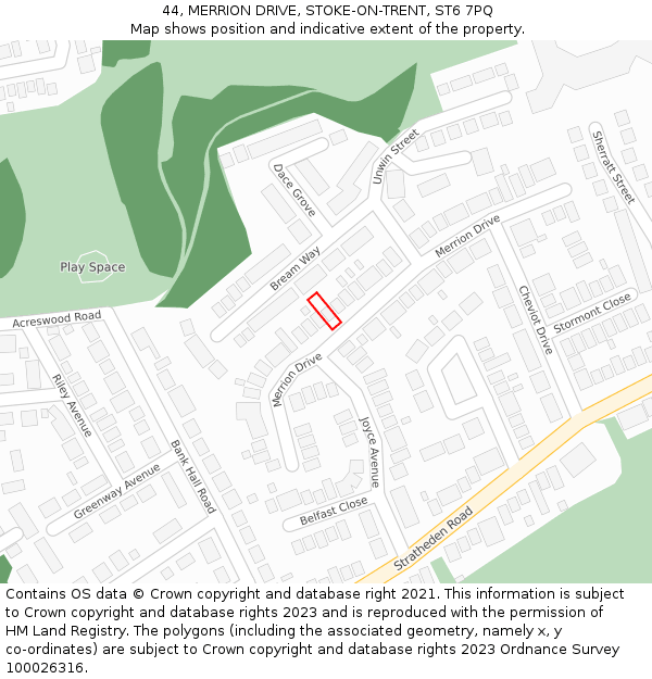 44, MERRION DRIVE, STOKE-ON-TRENT, ST6 7PQ: Location map and indicative extent of plot