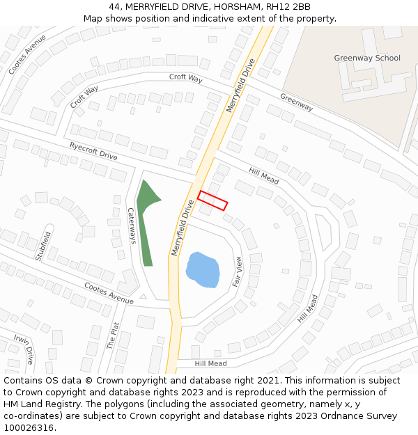 44, MERRYFIELD DRIVE, HORSHAM, RH12 2BB: Location map and indicative extent of plot