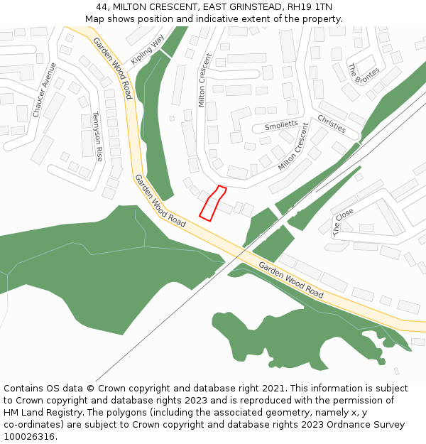 44, MILTON CRESCENT, EAST GRINSTEAD, RH19 1TN: Location map and indicative extent of plot