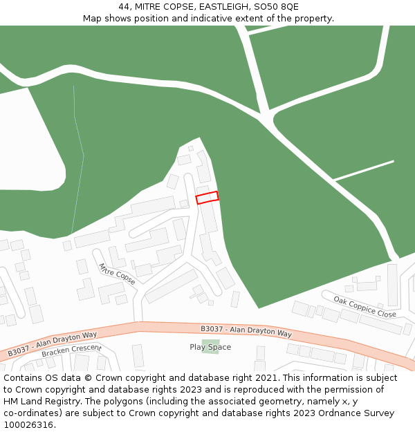 44, MITRE COPSE, EASTLEIGH, SO50 8QE: Location map and indicative extent of plot