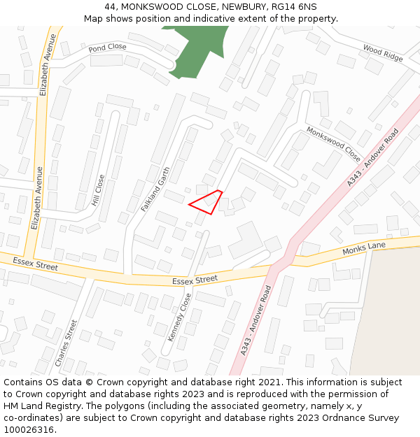 44, MONKSWOOD CLOSE, NEWBURY, RG14 6NS: Location map and indicative extent of plot