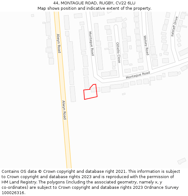 44, MONTAGUE ROAD, RUGBY, CV22 6LU: Location map and indicative extent of plot