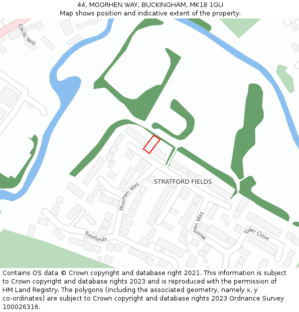 44, MOORHEN WAY, BUCKINGHAM, MK18 1GU: Location map and indicative extent of plot