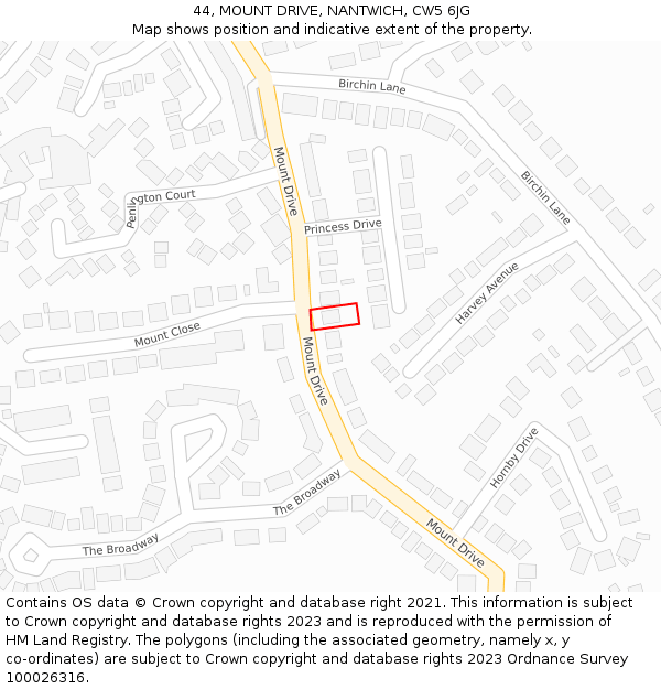 44, MOUNT DRIVE, NANTWICH, CW5 6JG: Location map and indicative extent of plot