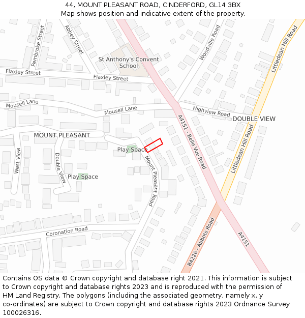 44, MOUNT PLEASANT ROAD, CINDERFORD, GL14 3BX: Location map and indicative extent of plot