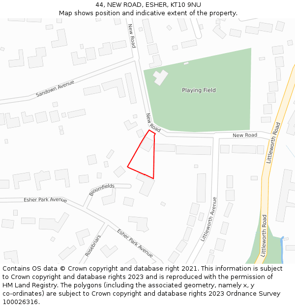 44, NEW ROAD, ESHER, KT10 9NU: Location map and indicative extent of plot