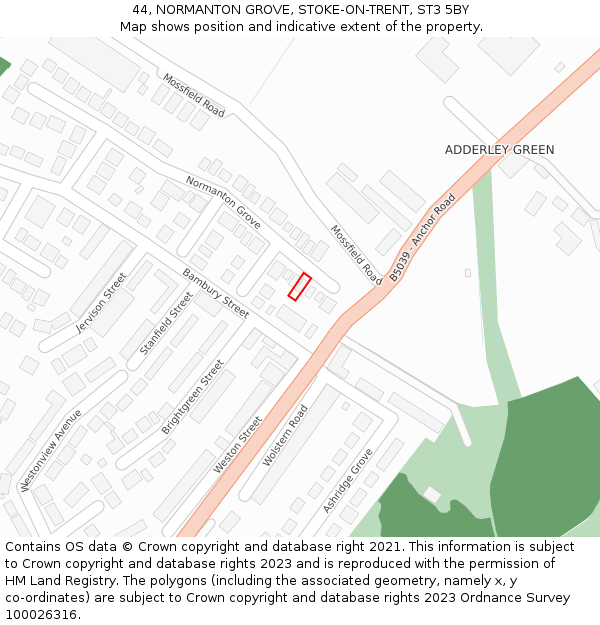 44, NORMANTON GROVE, STOKE-ON-TRENT, ST3 5BY: Location map and indicative extent of plot