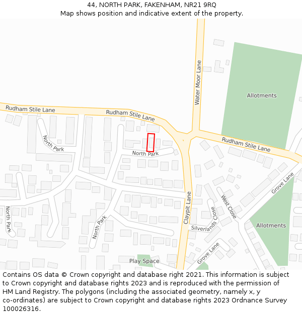 44, NORTH PARK, FAKENHAM, NR21 9RQ: Location map and indicative extent of plot