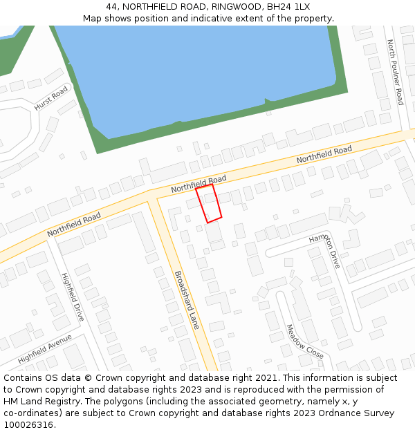 44, NORTHFIELD ROAD, RINGWOOD, BH24 1LX: Location map and indicative extent of plot