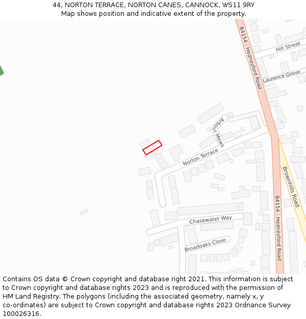 44, NORTON TERRACE, NORTON CANES, CANNOCK, WS11 9RY: Location map and indicative extent of plot