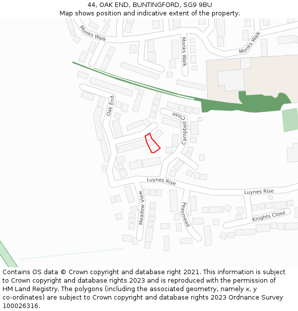 44, OAK END, BUNTINGFORD, SG9 9BU: Location map and indicative extent of plot