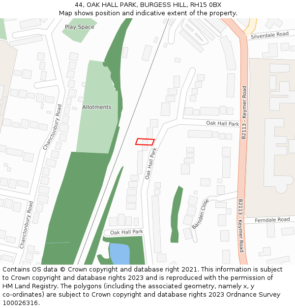 44, OAK HALL PARK, BURGESS HILL, RH15 0BX: Location map and indicative extent of plot