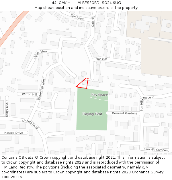 44, OAK HILL, ALRESFORD, SO24 9UG: Location map and indicative extent of plot