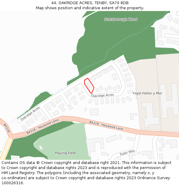 44, OAKRIDGE ACRES, TENBY, SA70 8DB: Location map and indicative extent of plot