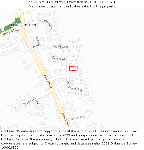 44, OLD CHAPEL CLOSE, LONG RISTON, HULL, HU11 5LA: Location map and indicative extent of plot