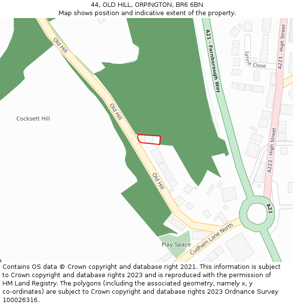 44, OLD HILL, ORPINGTON, BR6 6BN: Location map and indicative extent of plot