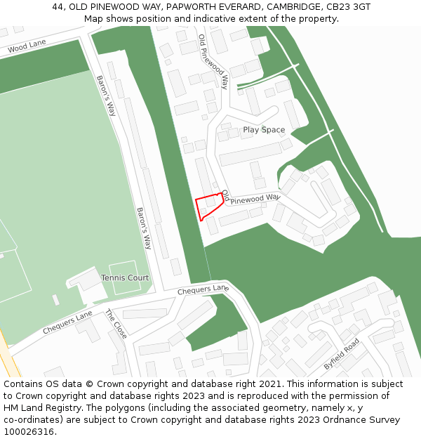 44, OLD PINEWOOD WAY, PAPWORTH EVERARD, CAMBRIDGE, CB23 3GT: Location map and indicative extent of plot