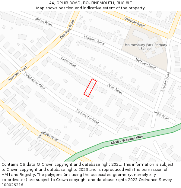 44, OPHIR ROAD, BOURNEMOUTH, BH8 8LT: Location map and indicative extent of plot