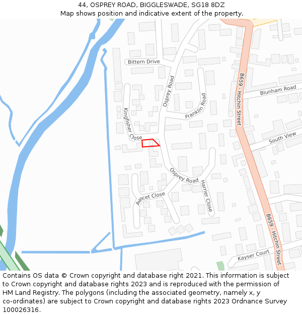 44, OSPREY ROAD, BIGGLESWADE, SG18 8DZ: Location map and indicative extent of plot