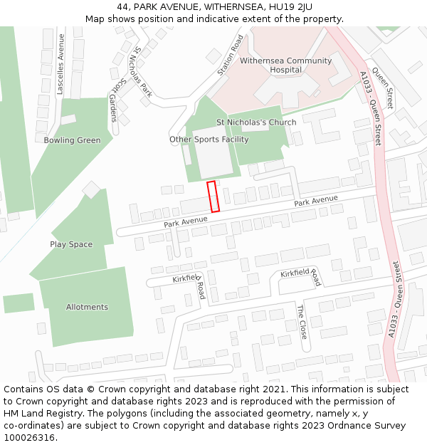 44, PARK AVENUE, WITHERNSEA, HU19 2JU: Location map and indicative extent of plot