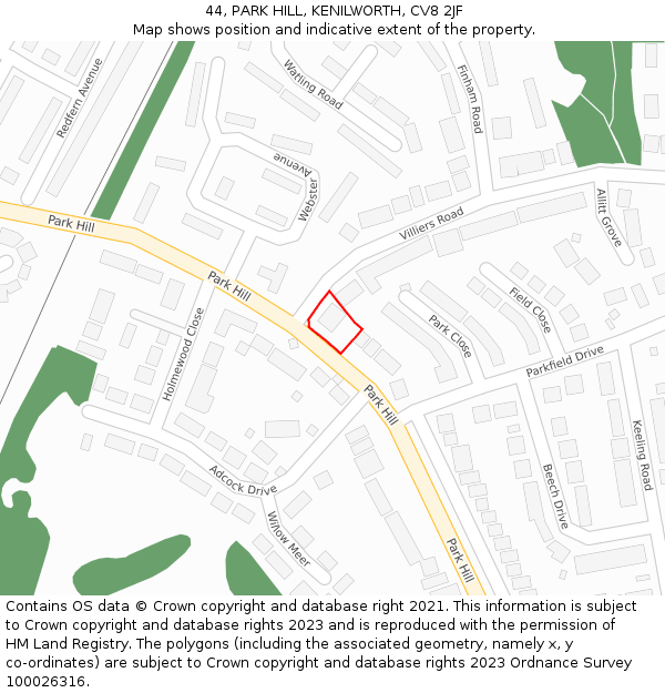 44, PARK HILL, KENILWORTH, CV8 2JF: Location map and indicative extent of plot