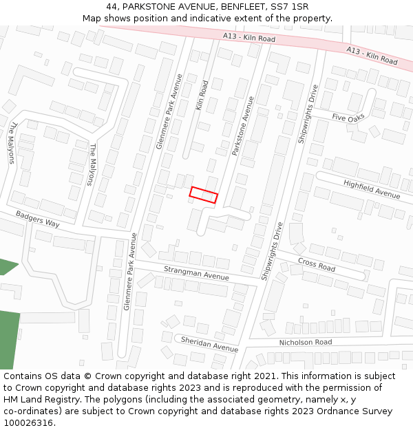 44, PARKSTONE AVENUE, BENFLEET, SS7 1SR: Location map and indicative extent of plot