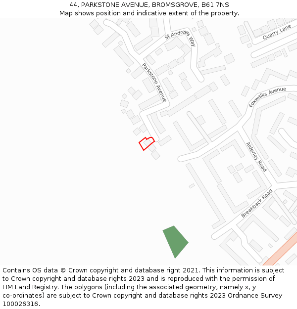 44, PARKSTONE AVENUE, BROMSGROVE, B61 7NS: Location map and indicative extent of plot
